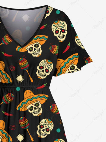 Gothic Plus Size Skull Sun Hat Print Split Pocket A Line Midi Dress