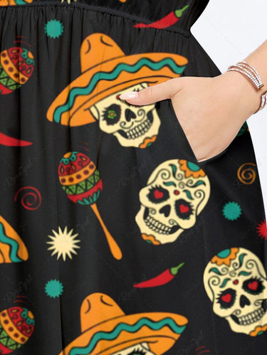 Gothic Plus Size Skull Sun Hat Print Split Pocket A Line Midi Dress