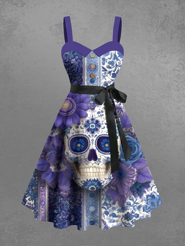 Gothic Plus Size Distressed Skull Flower Print Button A Line Tank Dress with Removable Belt