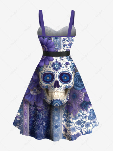 Gothic Plus Size Distressed Skull Flower Print Button A Line Tank Dress with Removable Belt