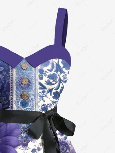 Gothic Plus Size Distressed Skull Flower Print Button A Line Tank Dress with Removable Belt