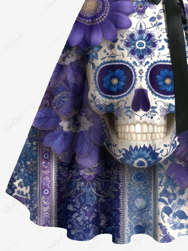 Gothic Plus Size Distressed Skull Flower Print Button A Line Tank Dress with Removable Belt