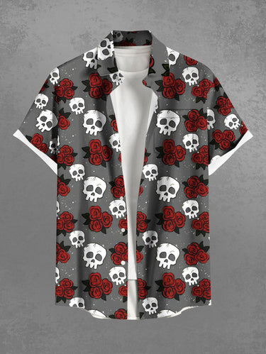 Gothic Plus Size Skull Rose Flower Galaxy Print Button Pocket Shirt For Men