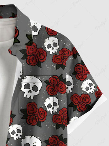 Gothic Plus Size Skull Rose Flower Galaxy Print Button Pocket Shirt For Men