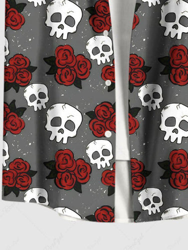Gothic Plus Size Skull Rose Flower Galaxy Print Button Pocket Shirt For Men