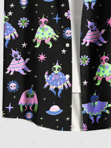 Gothic Plus Size Colorful Skull Alien Sun Star Print Button Pocket Shirt For Men