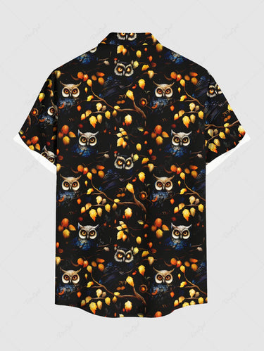 Gothic Plus Size Owl Branch Leaf Print Button Pocket Shirt For Men