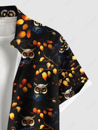 Gothic Plus Size Owl Branch Leaf Print Button Pocket Shirt For Men