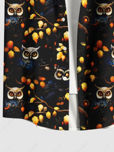 Gothic Plus Size Owl Branch Leaf Print Button Pocket Shirt For Men