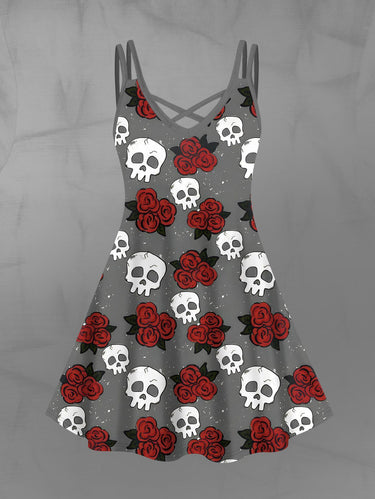 Gothic Plus Size Skull Rose Flower Galaxy Print Crisscross Strappy A Line Cami Dress