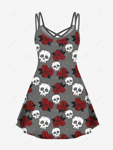Gothic Plus Size Skull Rose Flower Galaxy Print Crisscross Strappy A Line Cami Dress