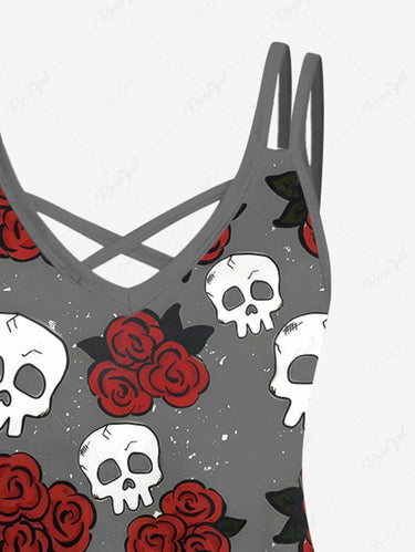 Gothic Plus Size Skull Rose Flower Galaxy Print Crisscross Strappy A Line Cami Dress