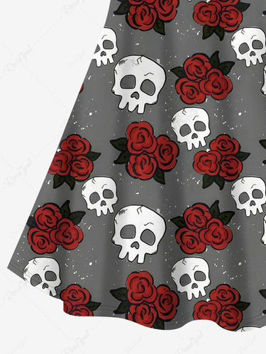 Gothic Plus Size Skull Rose Flower Galaxy Print Crisscross Strappy A Line Cami Dress