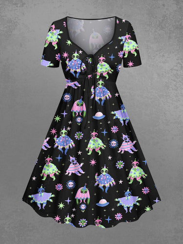 Gothic Plus Size Colorful Skull Alien Sun Star Print Cinched A Line Dress