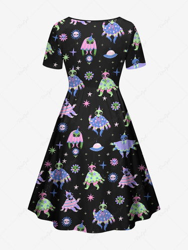 Gothic Plus Size Colorful Skull Alien Sun Star Print Cinched A Line Dress