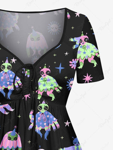 Gothic Plus Size Colorful Skull Alien Sun Star Print Cinched A Line Dress