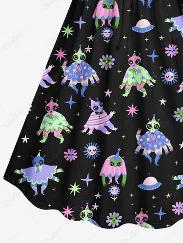 Gothic Plus Size Colorful Skull Alien Sun Star Print Cinched A Line Dress