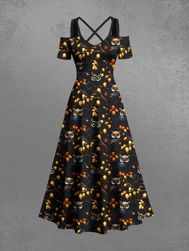 Gothic Plus Size Owl Branch Leaf Print Cold Shoulder Crisscross A Line Maxi Dress