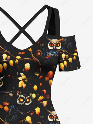 Gothic Plus Size Owl Branch Leaf Print Cold Shoulder Crisscross A Line Maxi Dress