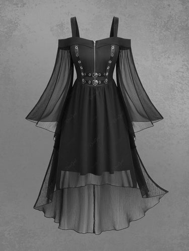 Gothic Plus Size Flare Sleeve Chiffon Textured PU Strap Buckle Grommet Zipper High Low Asymmetric Dress
