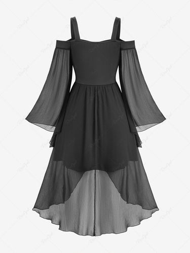 Gothic Plus Size Flare Sleeve Chiffon Textured PU Strap Buckle Grommet Zipper High Low Asymmetric Dress