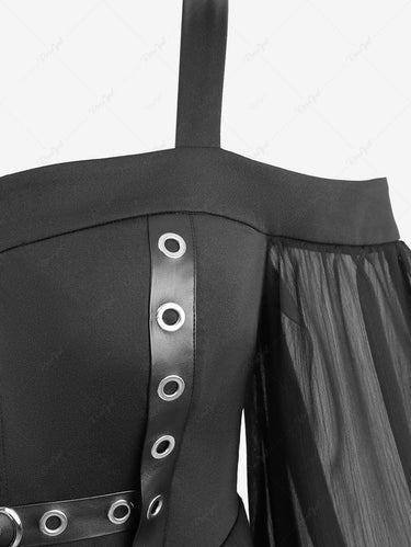 Gothic Plus Size Flare Sleeve Chiffon Textured PU Strap Buckle Grommet Zipper High Low Asymmetric Dress