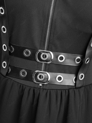 Gothic Plus Size Flare Sleeve Chiffon Textured PU Strap Buckle Grommet Zipper High Low Asymmetric Dress