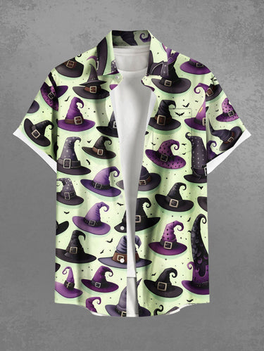 Gothic Plus Size Wizard Hat Bat Print Halloween Button Pocket Shirt For Men