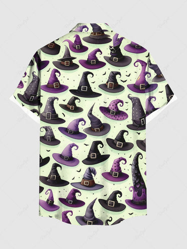 Gothic Plus Size Wizard Hat Bat Print Halloween Button Pocket Shirt For Men