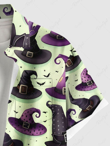 Gothic Plus Size Wizard Hat Bat Print Halloween Button Pocket Shirt For Men