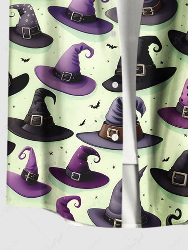 Gothic Plus Size Wizard Hat Bat Print Halloween Button Pocket Shirt For Men