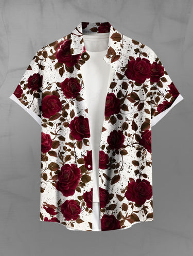 Gothic Plus Size Rose Flower Leaf Painting Splatter Print Button Pocket Shirt For Men
