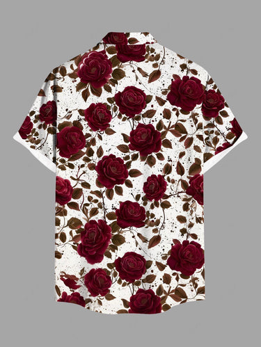 Gothic Plus Size Rose Flower Leaf Painting Splatter Print Button Pocket Shirt For Men
