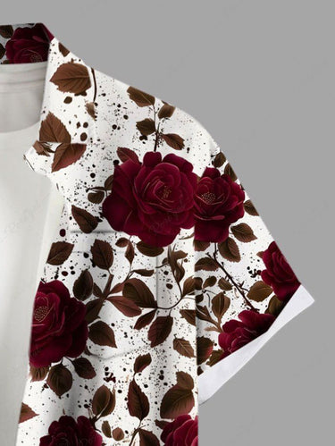 Gothic Plus Size Rose Flower Leaf Painting Splatter Print Button Pocket Shirt For Men