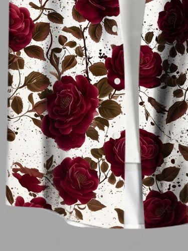 Gothic Plus Size Rose Flower Leaf Painting Splatter Print Button Pocket Shirt For Men