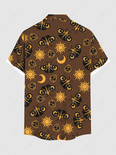Gothic Plus Size Sun Moon Heart Butterfly Print Button Pocket Shirt For Men