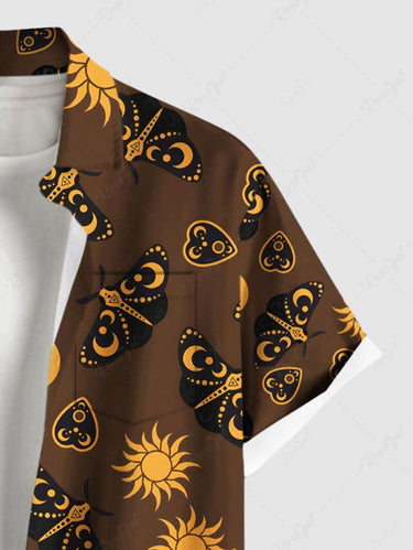 Gothic Plus Size Sun Moon Heart Butterfly Print Button Pocket Shirt For Men