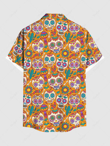 Gothic Plus Size Colorful Skull Flower Cactus Print Button Pocket Shirt For Men