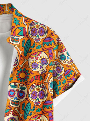 Gothic Plus Size Colorful Skull Flower Cactus Print Button Pocket Shirt For Men