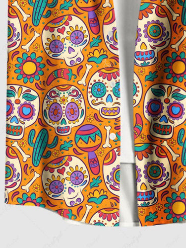 Gothic Plus Size Colorful Skull Flower Cactus Print Button Pocket Shirt For Men