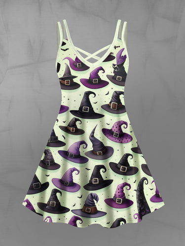 Gothic Plus Size Wizard Hat Bat Print Halloween Costume Crisscross Strappy A Line Cami Dress