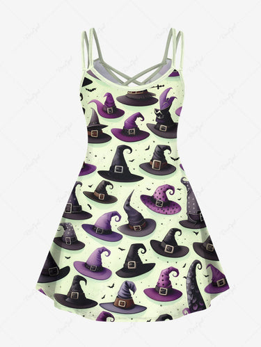 Gothic Plus Size Wizard Hat Bat Print Halloween Costume Crisscross Strappy A Line Cami Dress