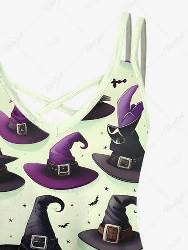 Gothic Plus Size Wizard Hat Bat Print Halloween Costume Crisscross Strappy A Line Cami Dress