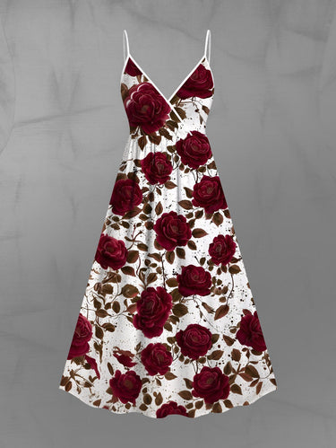 Gothic Plus Size Rose Flower Leaf Painting Splatter Print Surplice A Line Cami Dress