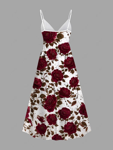Gothic Plus Size Rose Flower Leaf Painting Splatter Print Surplice A Line Cami Dress