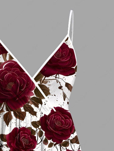 Gothic Plus Size Rose Flower Leaf Painting Splatter Print Surplice A Line Cami Dress