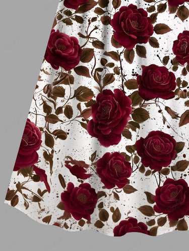 Gothic Plus Size Rose Flower Leaf Painting Splatter Print Surplice A Line Cami Dress