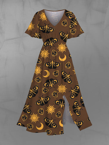 Gothic Plus Size Sun Moon Heart Butterfly Print Split Pocket A Line Midi Dress