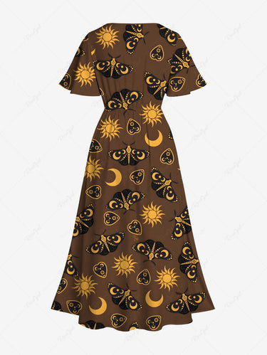 Gothic Plus Size Sun Moon Heart Butterfly Print Split Pocket A Line Midi Dress