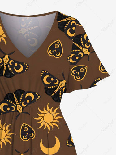 Gothic Plus Size Sun Moon Heart Butterfly Print Split Pocket A Line Midi Dress